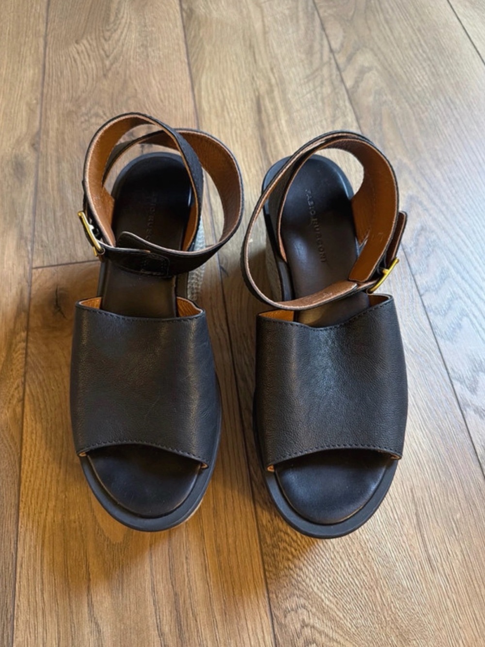 Women’s Black Leather Platform Sandals with Ankle Buckle